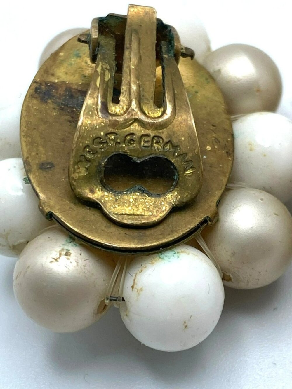Clip On Earrings MCM White Beaded Faux Pearl West Germany 1950's 50's MARKED! - Picture 6 of 7